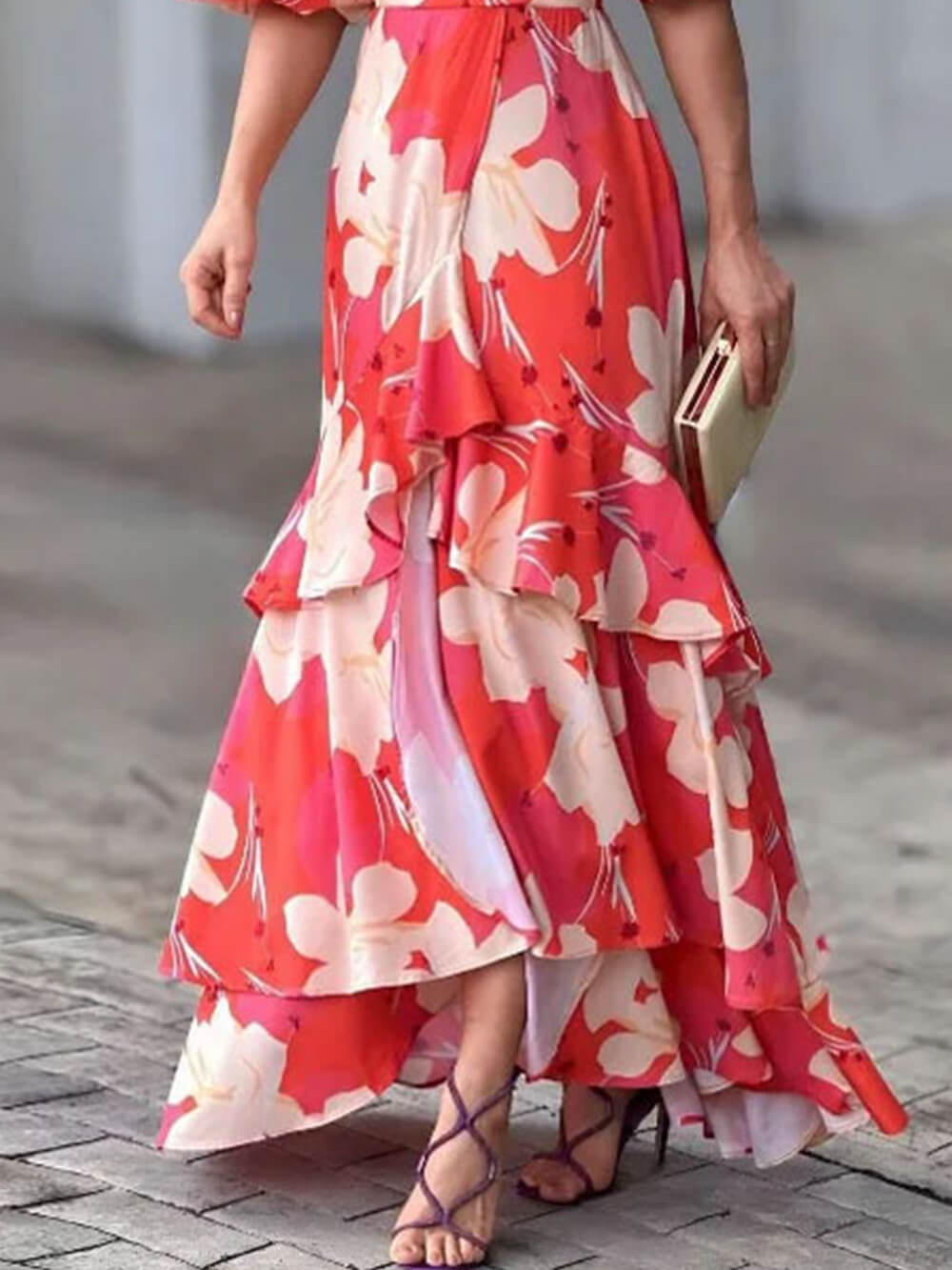 Elegant V-Neck Printed Layered Dress Newgew Dresses