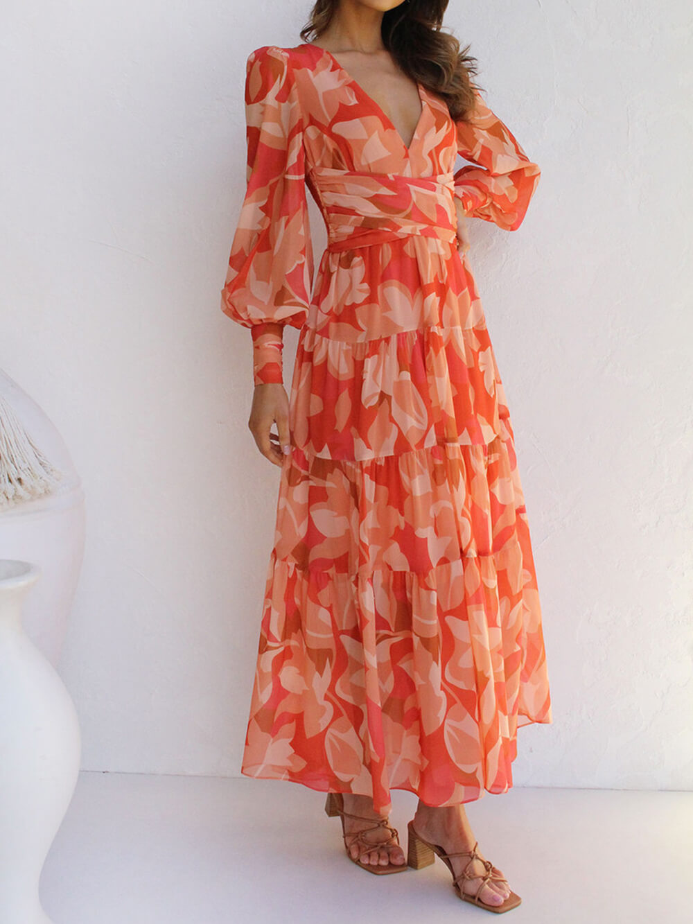 Casual Long-Sleeved V-Neck Swing Midi Dress Newgew Dresses