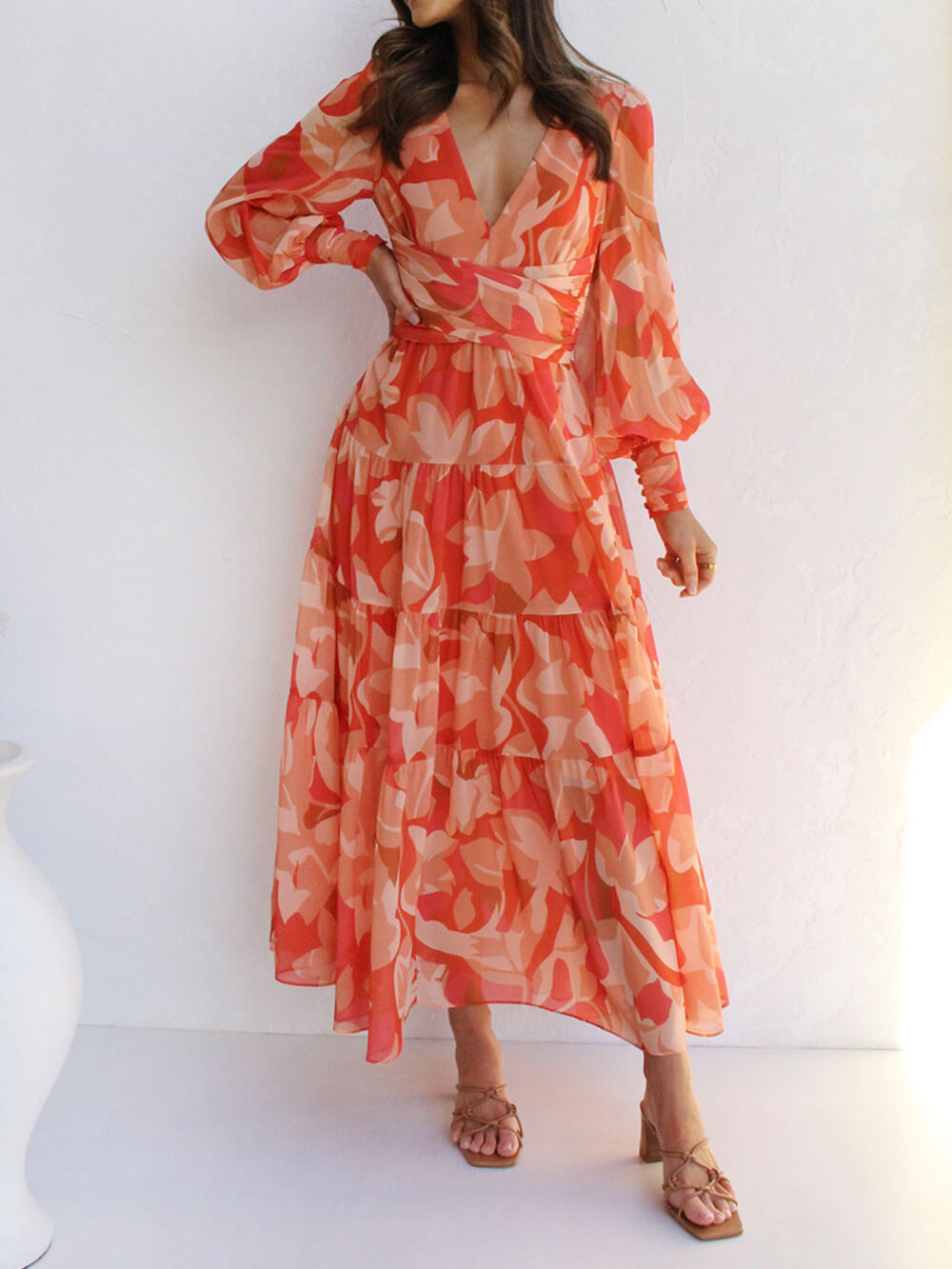 Casual Long-Sleeved V-Neck Swing Midi Dress Newgew Dresses