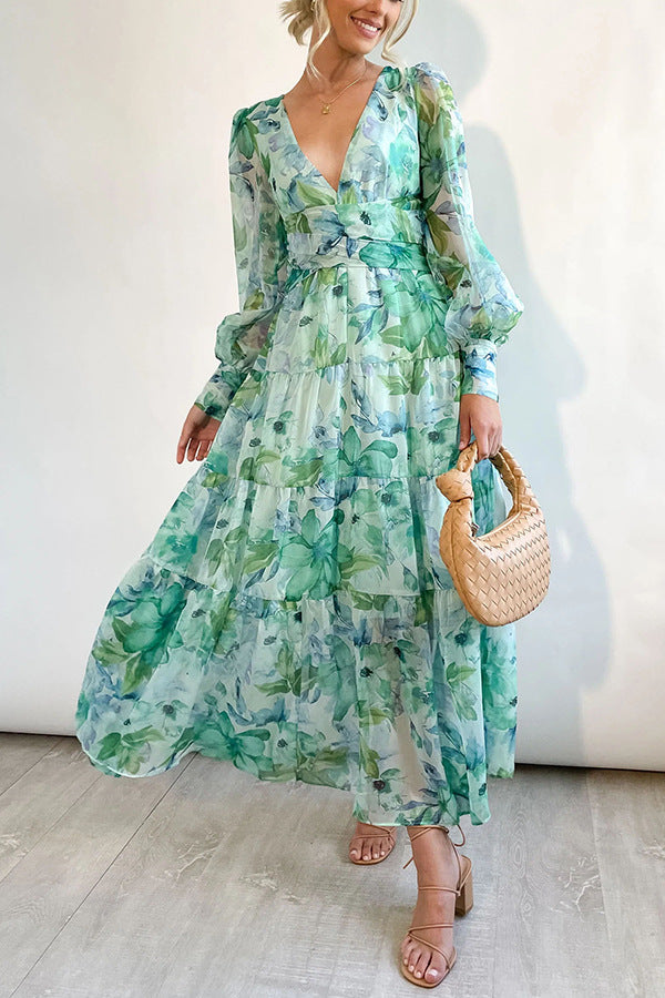 Painted Inspiration Floral Balloon Sleeves Maxi Dress Newgew Dresses