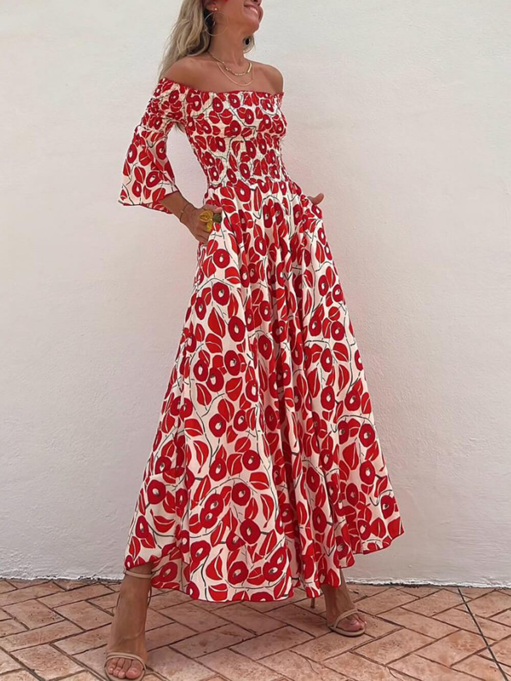 Floral Print Smocked Off Shoulder Pocketed Maxi Dress Newgew Dresses