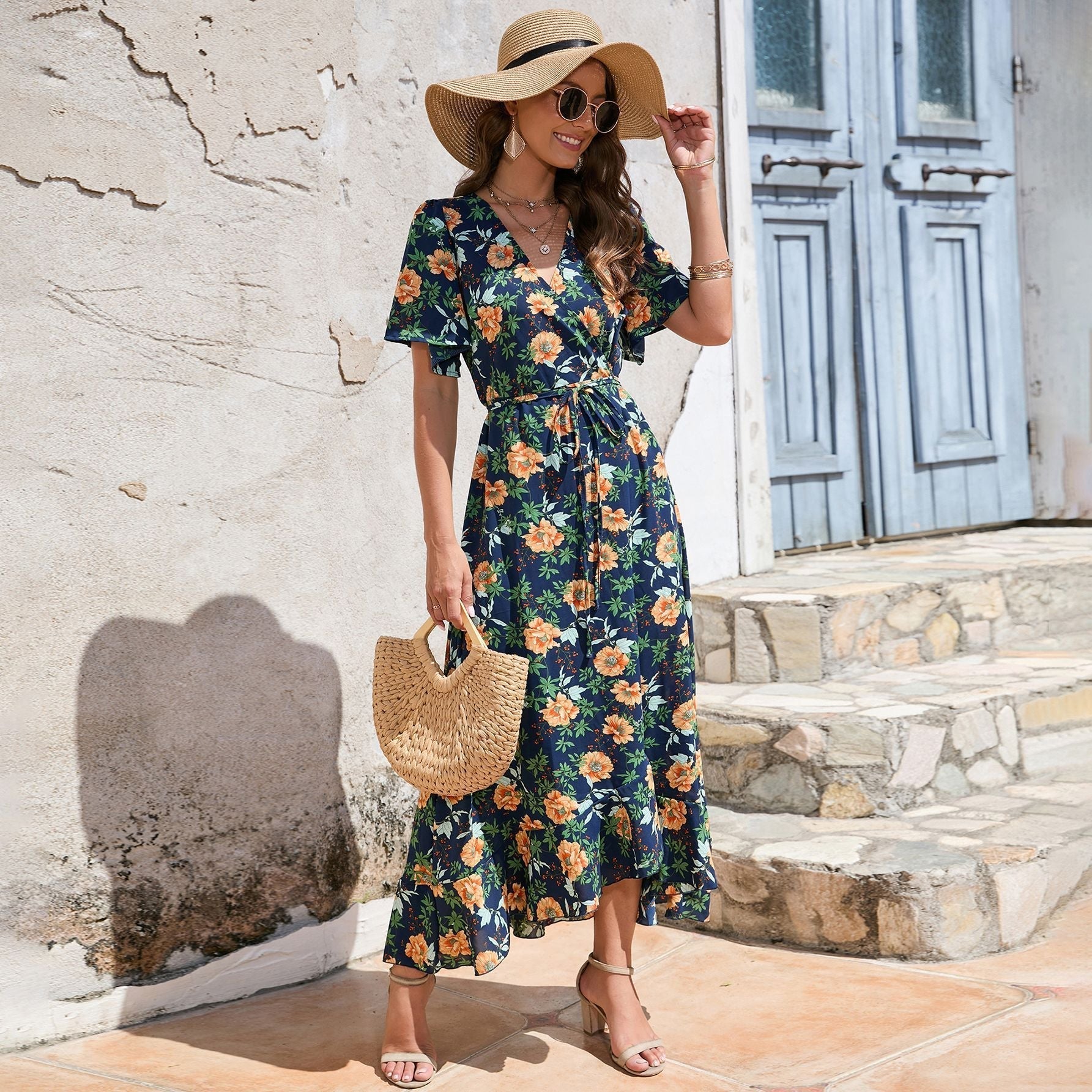 Beachy V-Neck Short Sleeve Dress with High Waist Newgew Dresses
