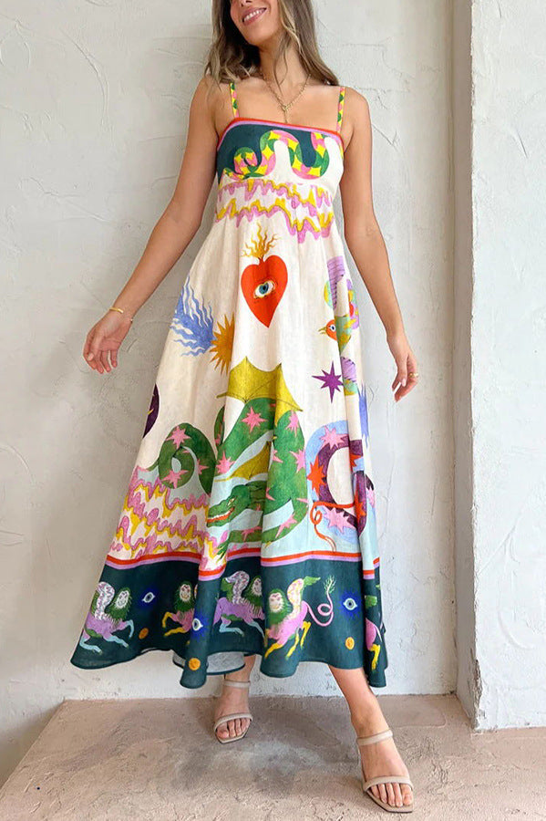Linen Blend Unique Print Smocked Back Pocketed Midi Dress Newgew Dresses