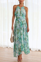 Aqua Floral Print Halter Cutout Neck Pleated Maxi Dress Newgew Dresses