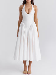 Pleated Stitching Deep V Neck Halter Waist Plain Midi Dresses Newgew Dresses