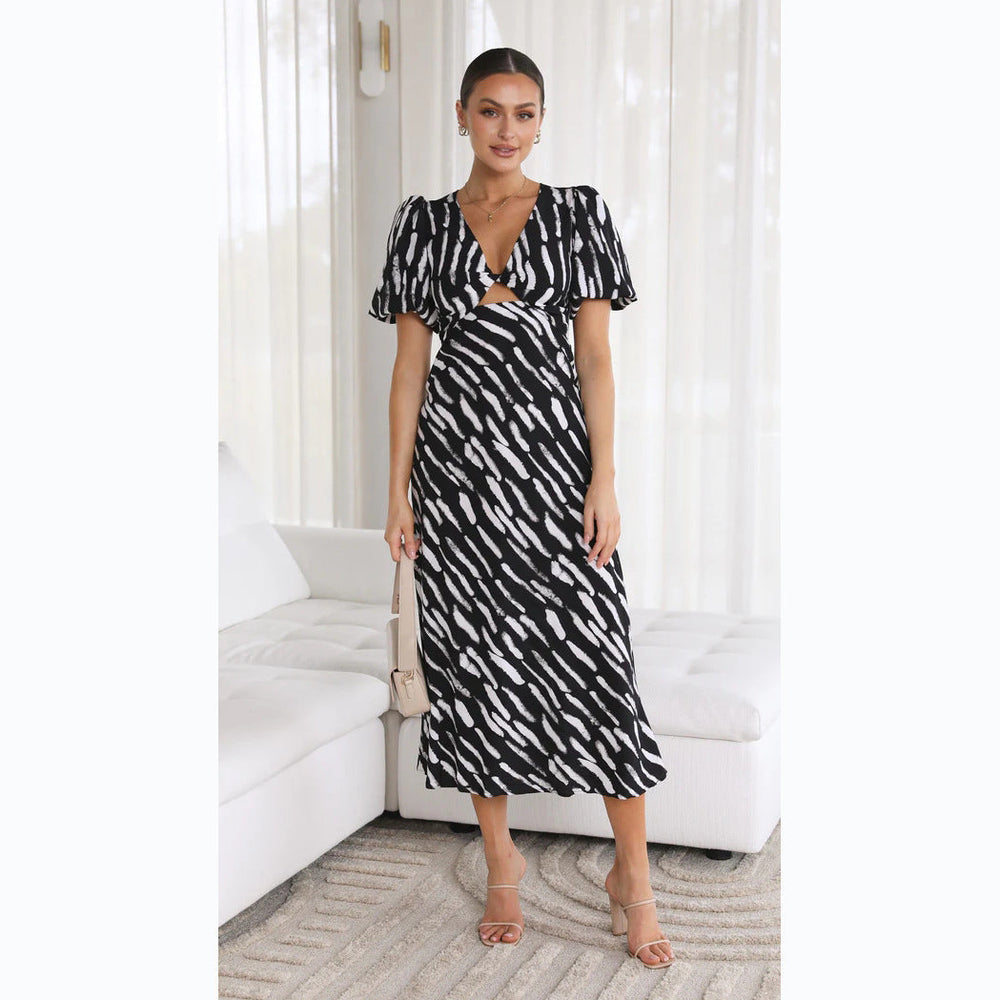 Printed V-Neck A-Line Midi Dress for a Fresh Style Newgew Dresses