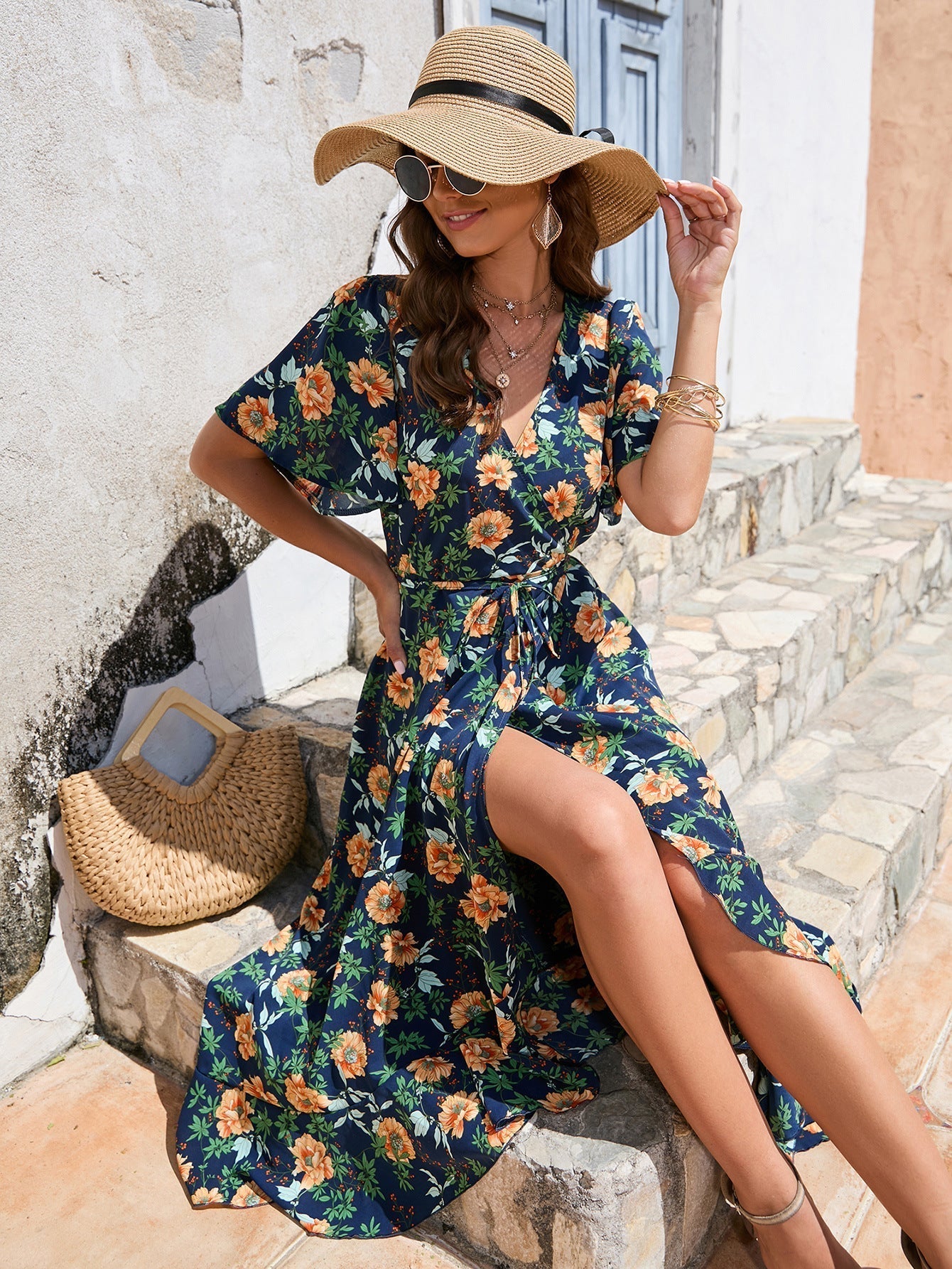 Beachy V-Neck Short Sleeve Dress with High Waist Newgew Dresses
