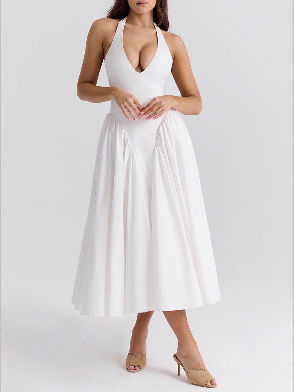 Pleated Stitching Deep V Neck Halter Waist Plain Midi Dresses Newgew Dresses