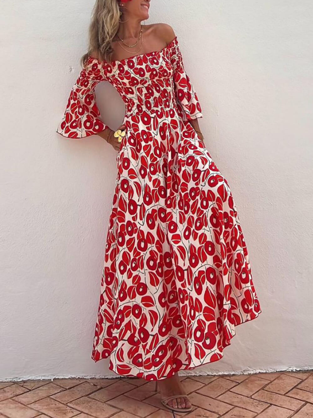 Floral Print Smocked Off Shoulder Pocketed Maxi Dress Newgew Dresses