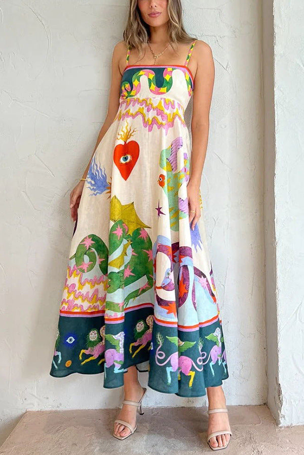 Linen Blend Unique Print Smocked Back Pocketed Midi Dress Newgew Dresses