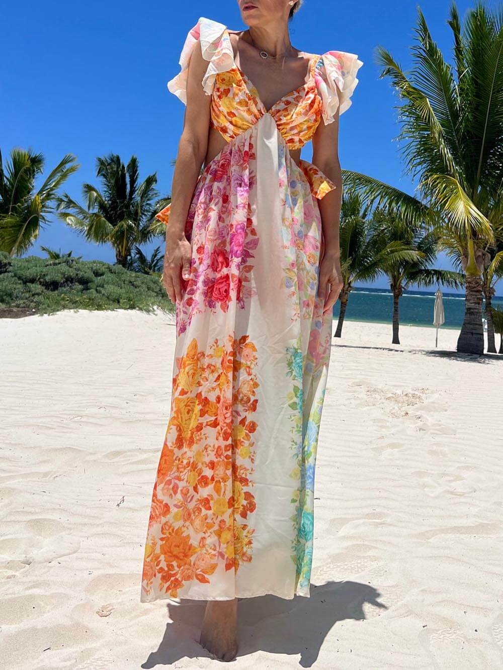 Floral Frill Cutout Back Tie-Up Maxi Dress Newgew Dresses