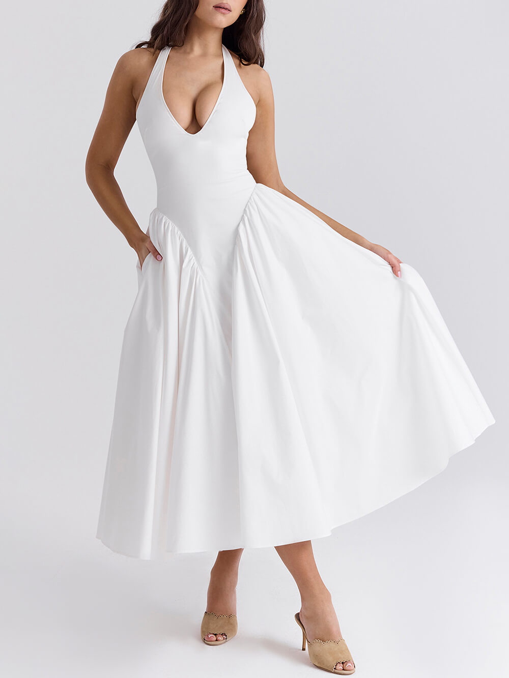 Pleated Stitching Deep V Neck Halter Waist Plain Midi Dresses Newgew Dresses