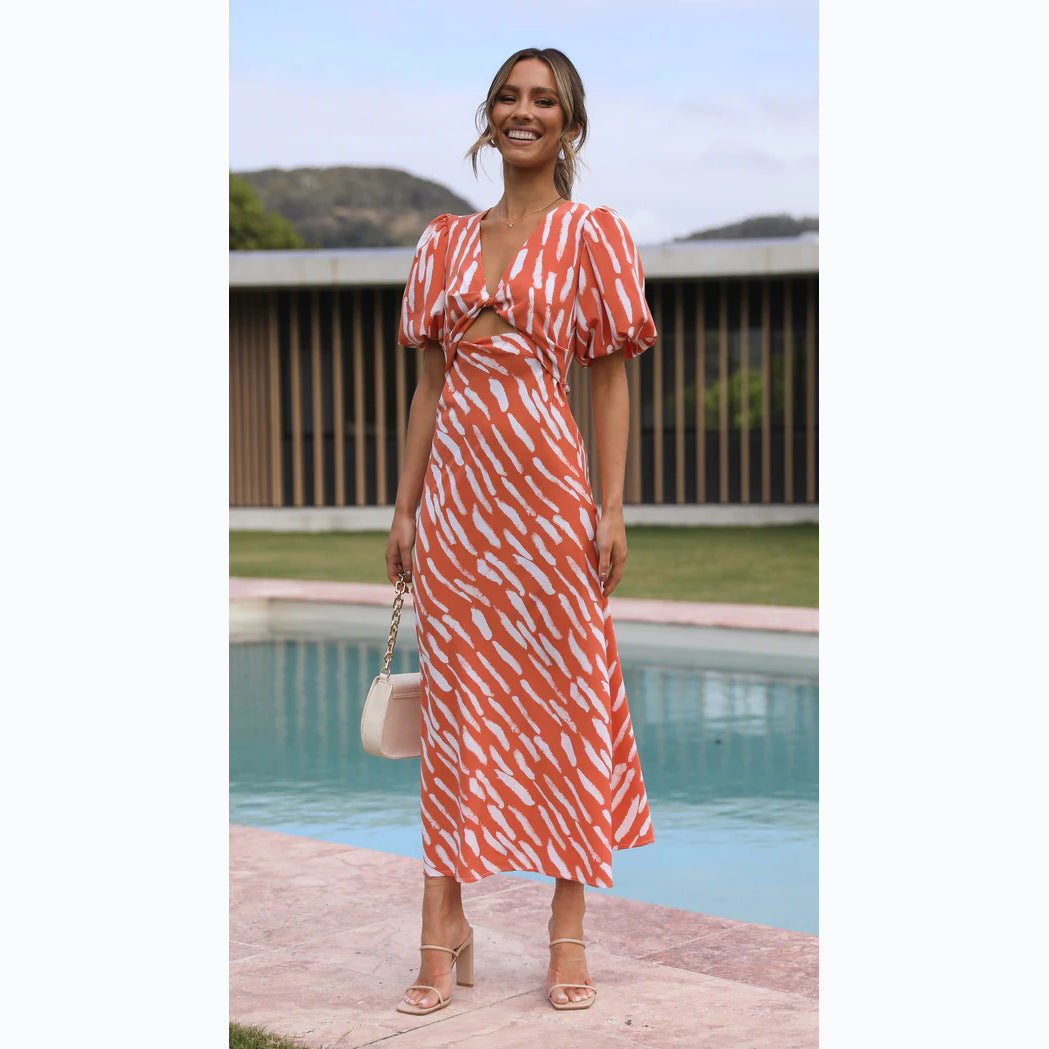 Printed V-Neck A-Line Midi Dress for a Fresh Style Newgew Dresses