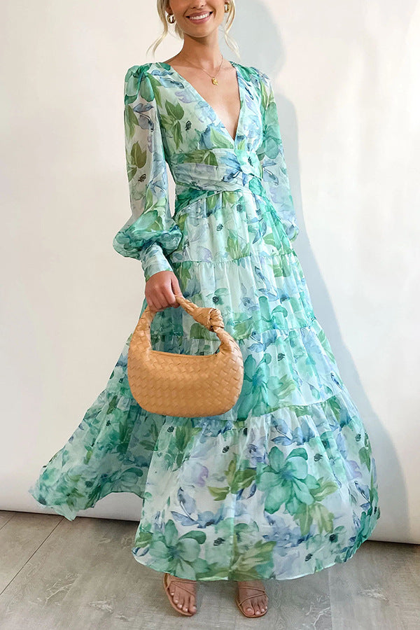 Painted Inspiration Floral Balloon Sleeves Maxi Dress Newgew Dresses