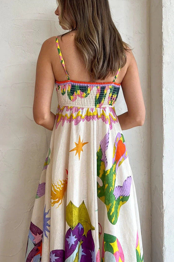 Linen Blend Unique Print Smocked Back Pocketed Midi Dress Newgew Dresses