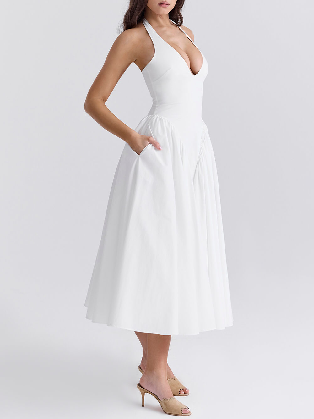 Pleated Stitching Deep V Neck Halter Waist Plain Midi Dresses Newgew Dresses