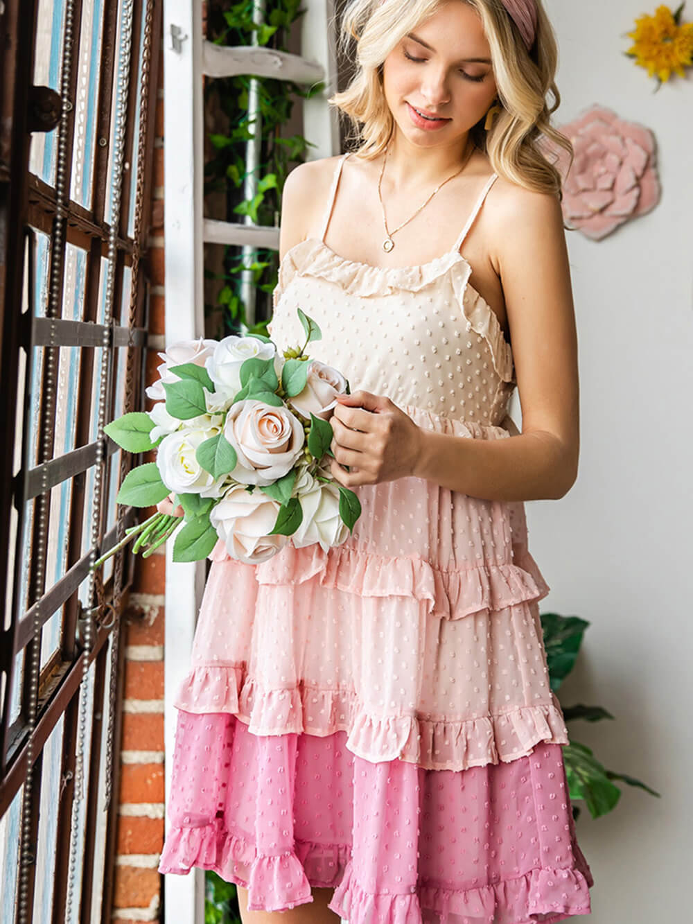 Fairy Color Block Swiss Dot Ruffled Tiered Spaghetti Strap Dress Newgew Dresses