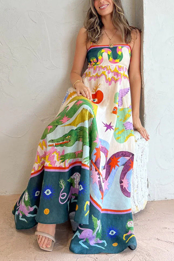 Linen Blend Unique Print Smocked Back Pocketed Midi Dress Newgew Dresses