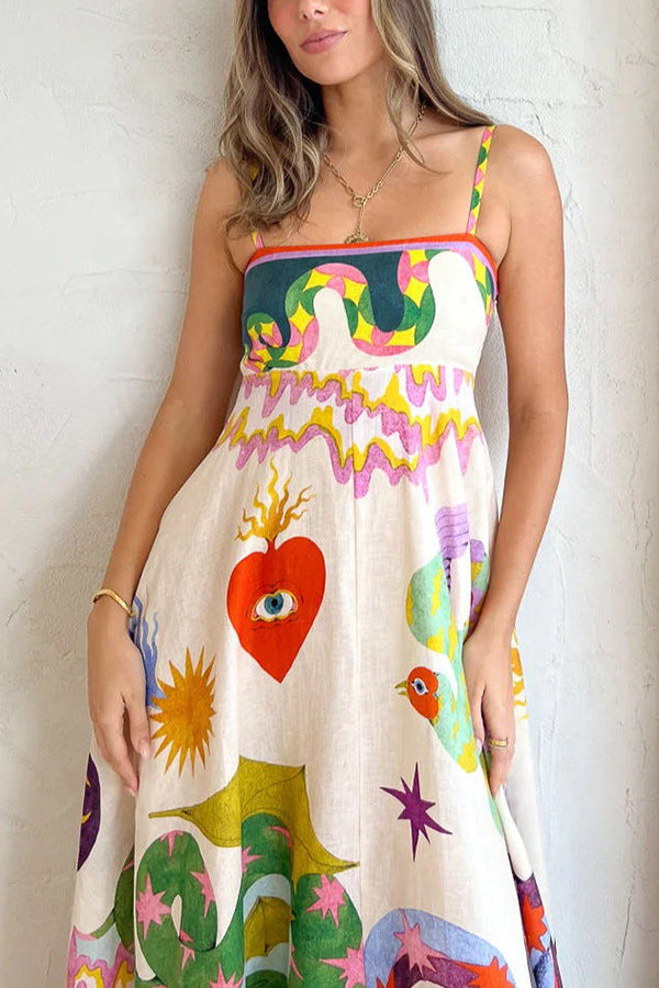 Linen Blend Unique Print Smocked Back Pocketed Midi Dress Newgew Dresses