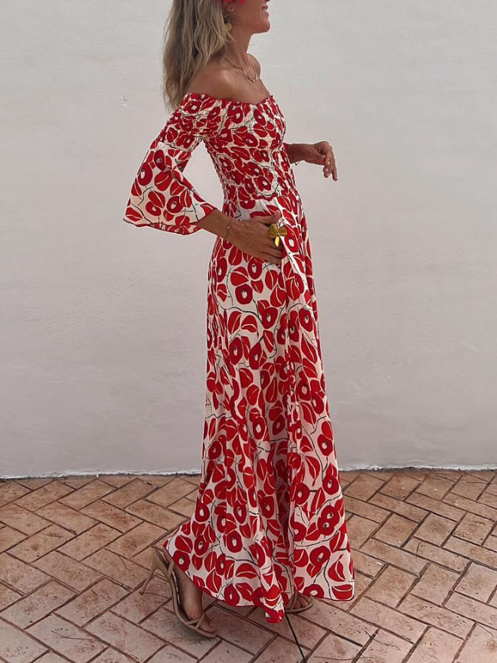 Floral Print Smocked Off Shoulder Pocketed Maxi Dress Newgew Dresses