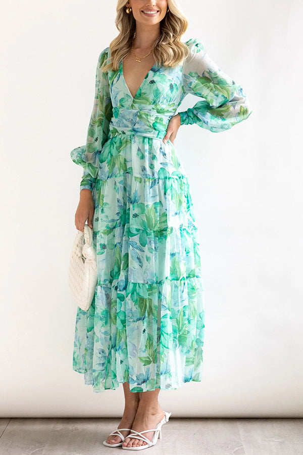 Painted Inspiration Floral Balloon Sleeves Maxi Dress Newgew Dresses
