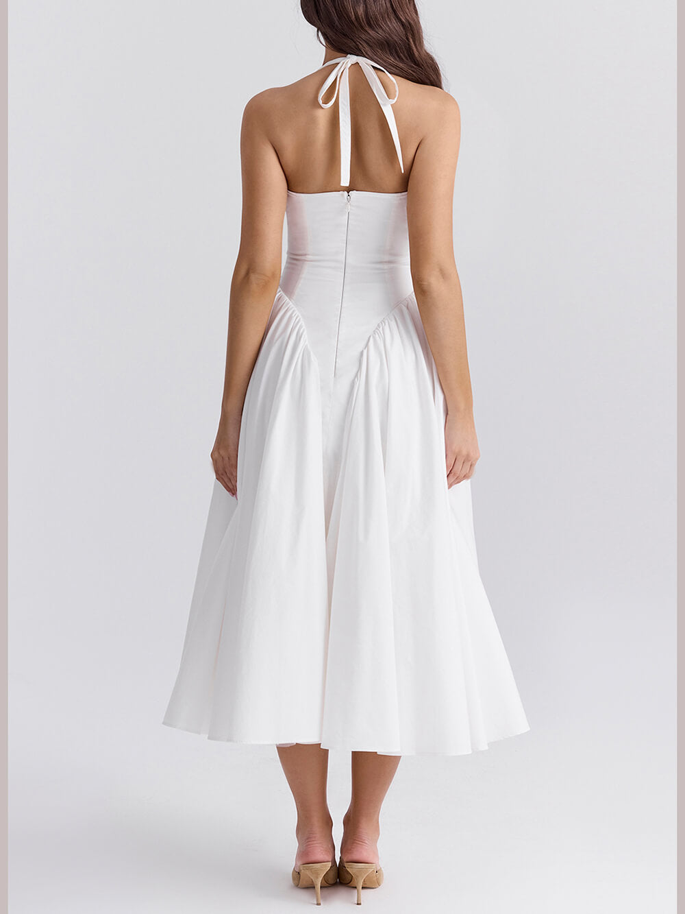 Pleated Stitching Deep V Neck Halter Waist Plain Midi Dresses Newgew Dresses