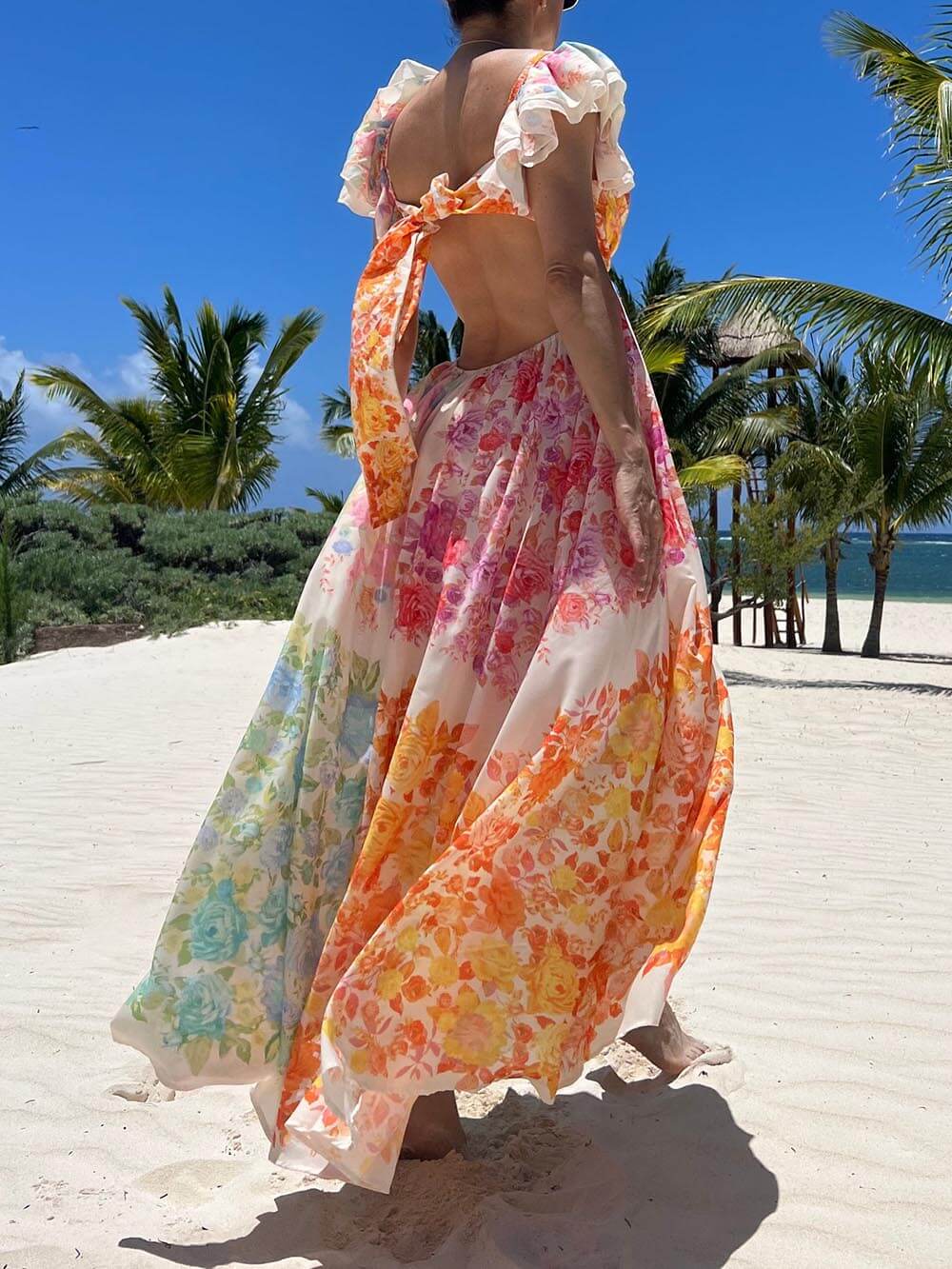 Floral Frill Cutout Back Tie-Up Maxi Dress Newgew Dresses