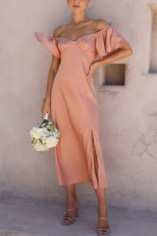 Side Split Midi Dress: Off The Shoulder Flutter Sleeve Newgew Dresses