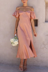 Side Split Midi Dress: Off The Shoulder Flutter Sleeve Newgew Dresses