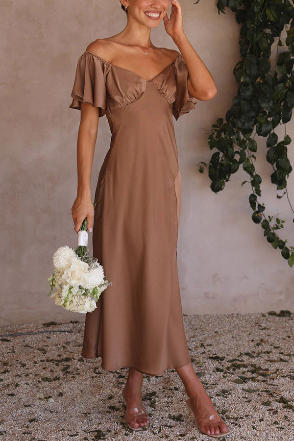 Side Split Midi Dress: Off The Shoulder Flutter Sleeve Newgew Dresses