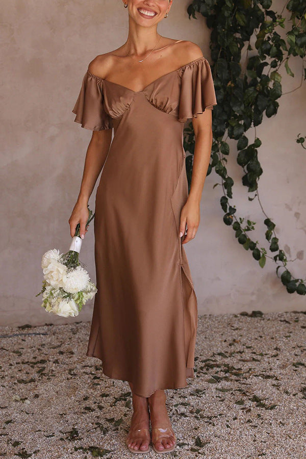 Side Split Midi Dress: Off The Shoulder Flutter Sleeve Newgew Dresses