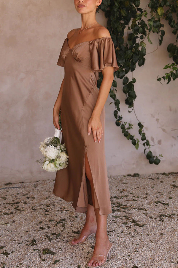 Side Split Midi Dress: Off The Shoulder Flutter Sleeve Newgew Dresses