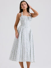 White Halter Backless Dress with Bluebell Floral Print Newgew Dresses