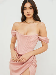 Cap Shoulder Corset Bodycon Midi Dress - Nude Pink Newgew Dresses