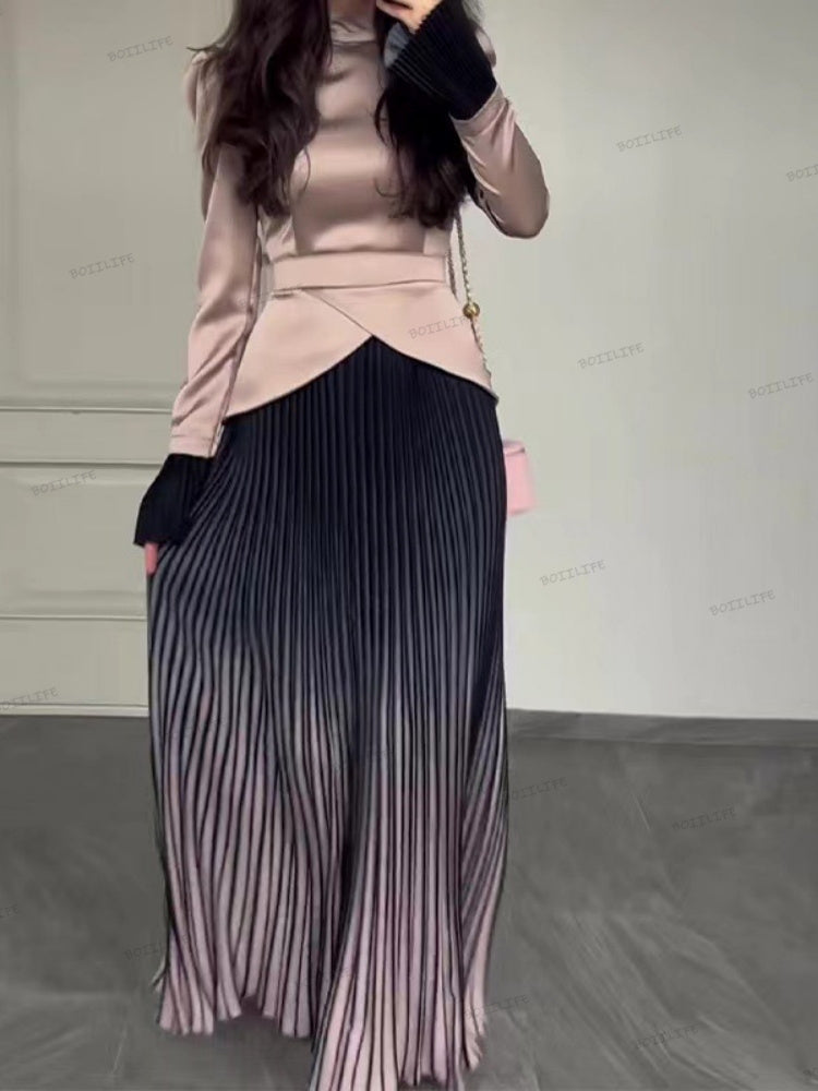 Color Block Splicing Slim Fit Lace-Up Long Sleeve Maxi Dress Newgew Dresses