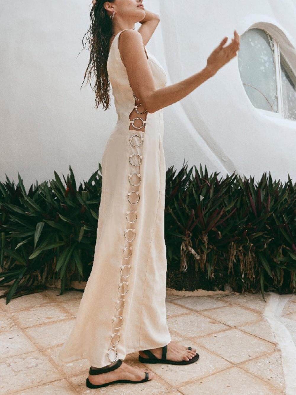 Signature Printed Hoop-Embellished Sleeveless Midi Dress Newgew Dresses