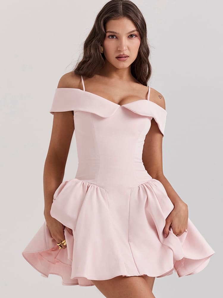 Ballet Pink Off-Shoulder Spaghetti Strap Mini Dress Newgew Dresses