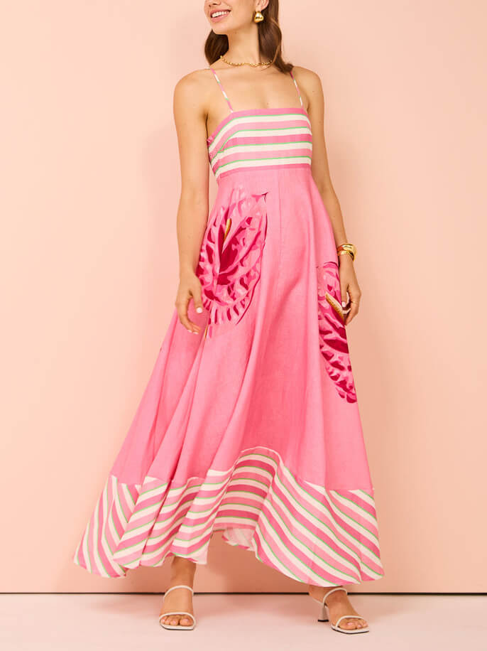 Floral Print Paneled Striped Suspender Mixi Dress Newgew Dresses