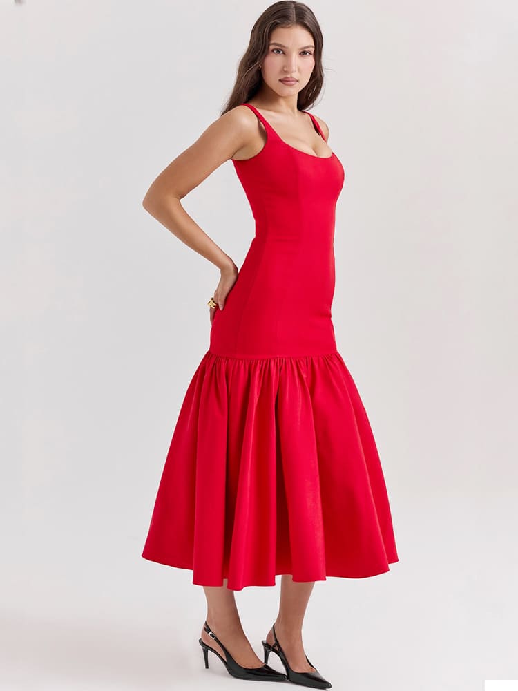 Low-Waist Bodycon Midi Dress - Scarlet Red Newgew Dresses