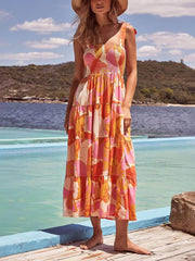 Sea Charm Sleeveless Pleated Stretch Chest Print Cami Dress Newgew Dresses
