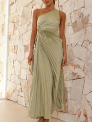 Pleated One-Shoulder Cut-Out Waist Gown Newgew Dresses