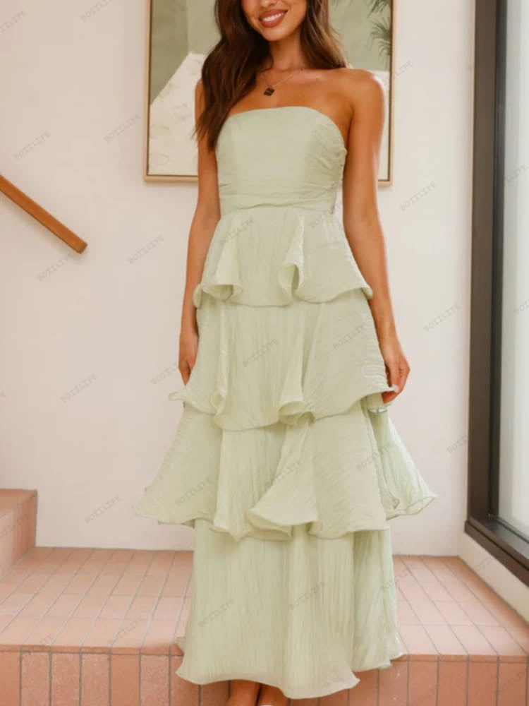 Chic Strapless Backless Tiered Midi Dress Newgew Dresses
