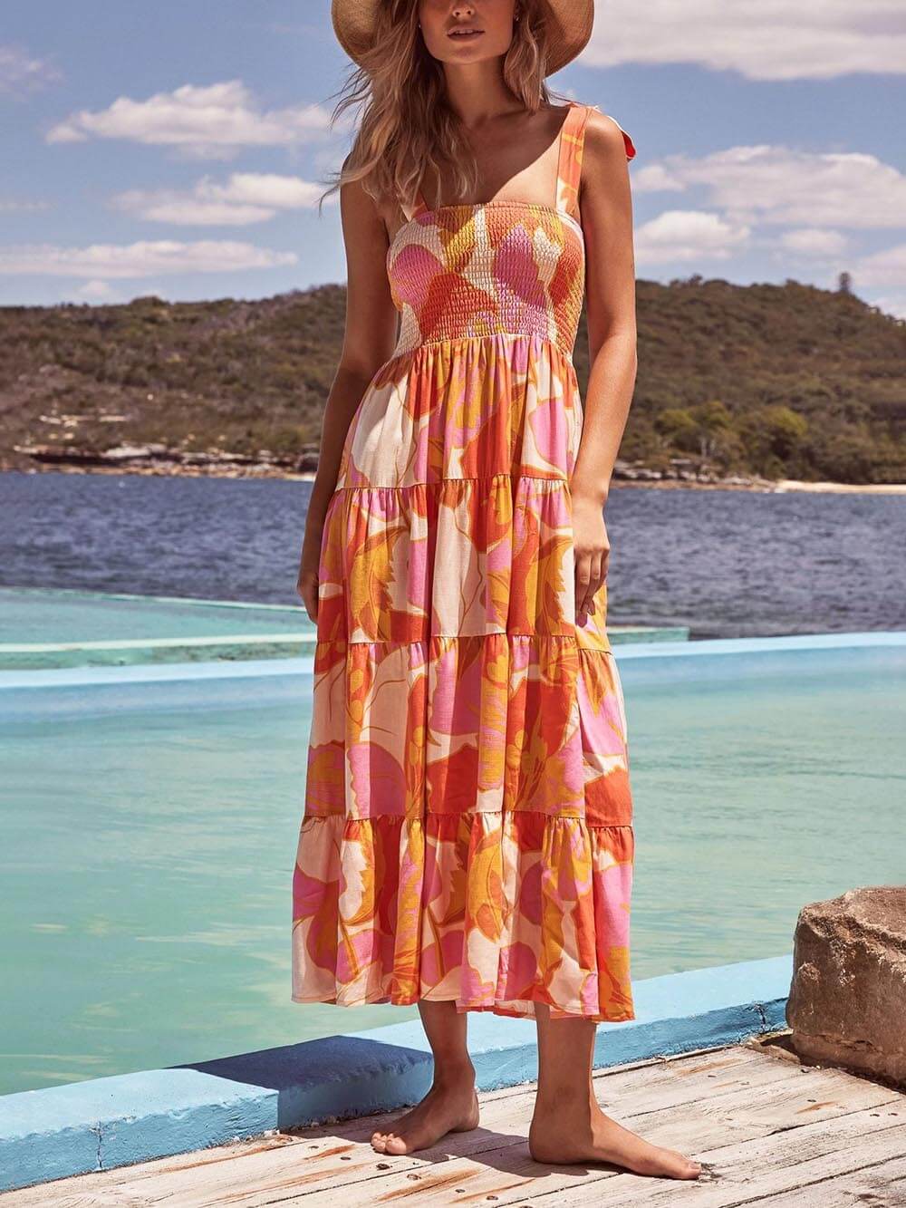 Sea Charm Sleeveless Pleated Stretch Chest Print Cami Dress Newgew Dresses