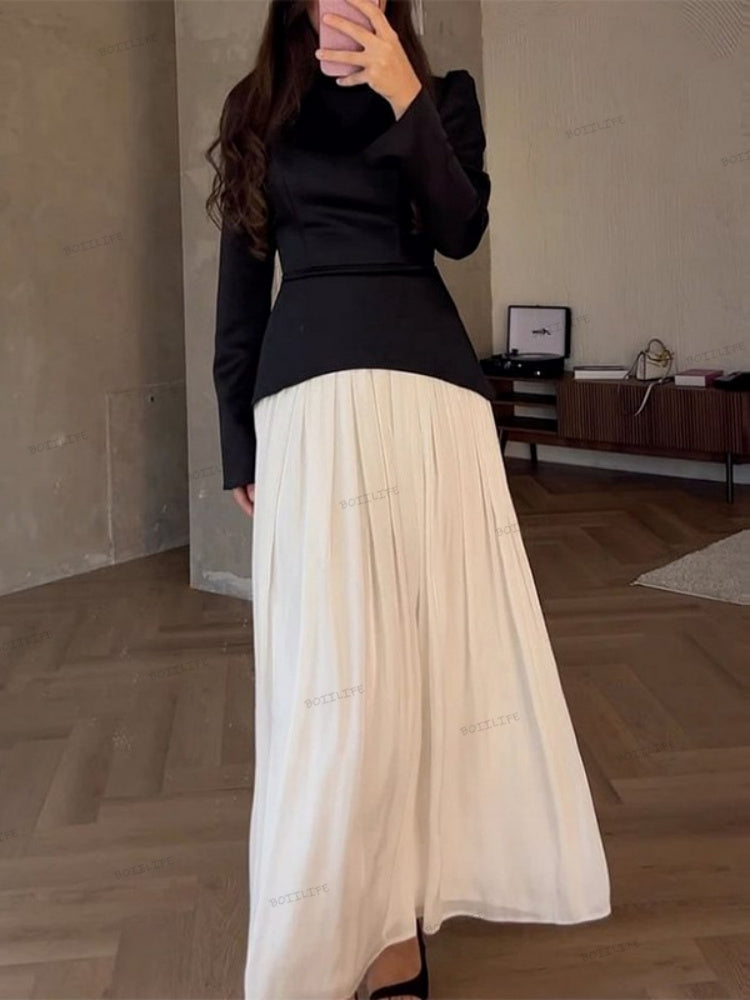 Color Block Splicing Slim Fit Lace-Up Long Sleeve Maxi Dress Newgew Dresses