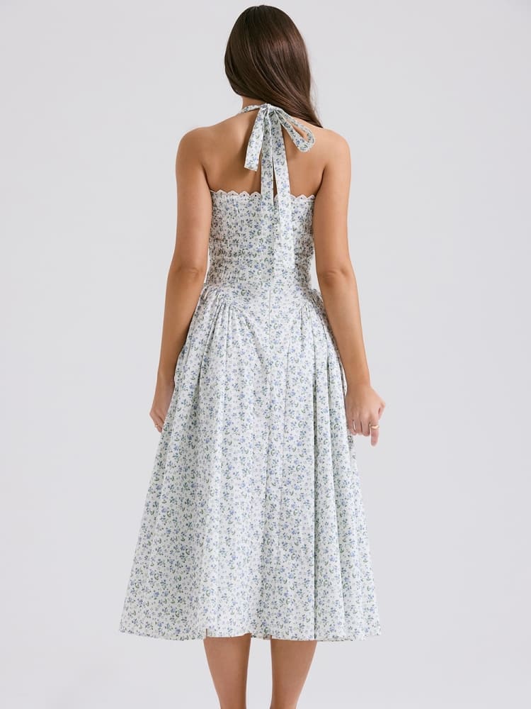 White Halter Backless Dress with Bluebell Floral Print Newgew Dresses