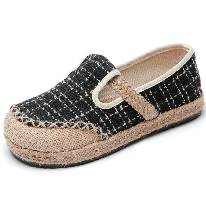 Women's Linen Literary Pumps Sewing Thread Plaid Canvas Shoes Newgew