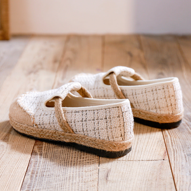 Women's Linen Literary Pumps Sewing Thread Plaid Canvas Shoes Newgew