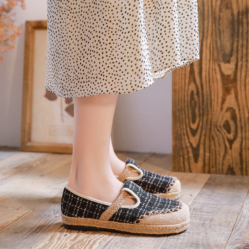 Women's Linen Literary Pumps Sewing Thread Plaid Canvas Shoes Newgew
