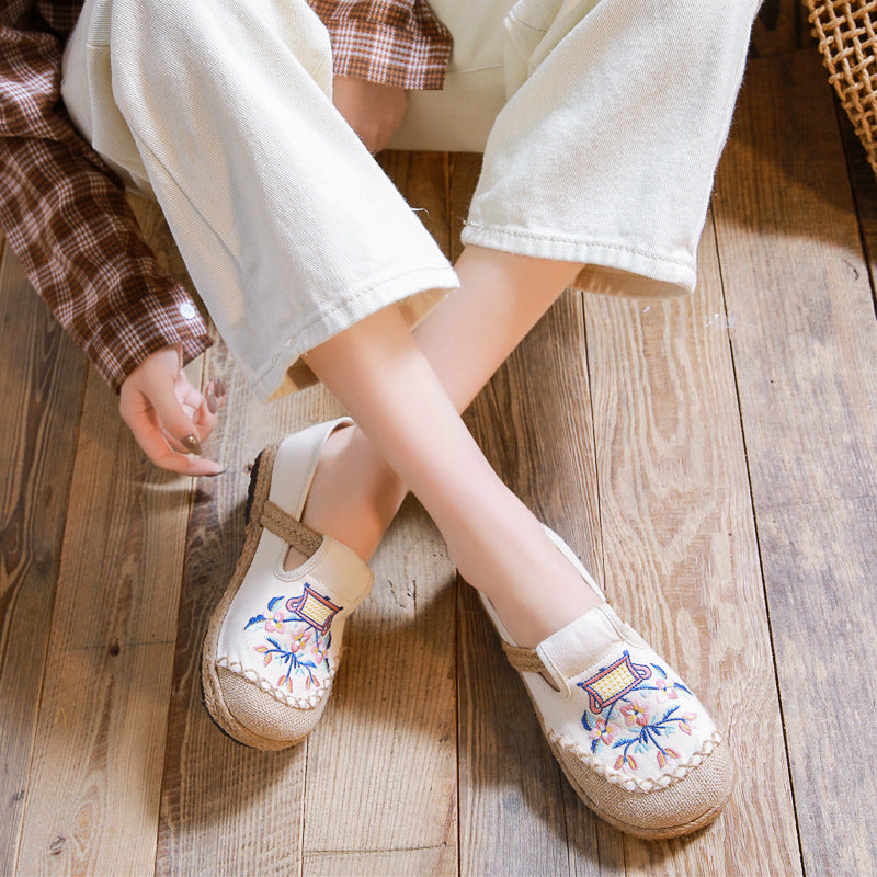 Mori Fresh Shallow Mouth Pumps Handicraft Sewing Canvas Shoes Newgew