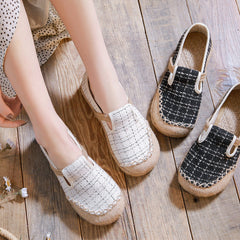 Women's Linen Literary Pumps Sewing Thread Plaid Canvas Shoes Newgew